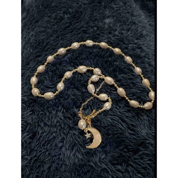 Cultured Pearl Moon Star Charm Necklace OT Buckle White Chain Real Natural - Picture 2 of 10